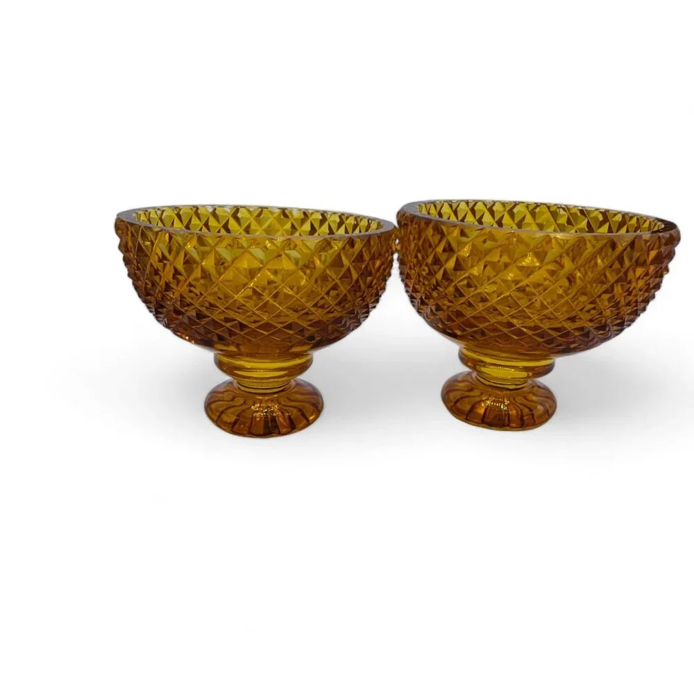 Vintage Amber Gold Glass Set of 2 Dessert Dish Cup Diamond Cut Design Bowls